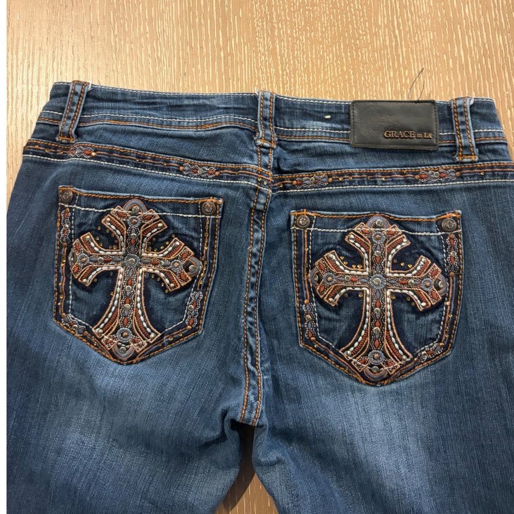 Grace in‎ LA Womens Bootcut Jeans Size 30 Medium Wash Embroidered Cross Pockets
